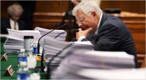 "I sit up nights worrying about our Nation's debt and how it will affect Wyoming children, my children and grandchildren. This was a chance to apply reasonable constraints to impossibly high future spending, but instead we got more spending and no plan to solve the problem", admits Senator Enzi. Pictured here: Senator Enzi going over paper dealing with the federal budget the size of several phonebooks in New York. 