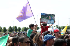 13/06/2015 Iranians marching to enter the rally, June 13, 2015 FRANCE, Paris : Iranians having a major Iran Freedom rally in Parc des Expositions exhibition center on June 13, 2015 in Villepinte. Some 100,000 Iranians and their international supporters including 600 international lawmakers and personalities attend the rally in support of Iranian opposition leader Maryam Rajavis 10-point plan for a future free Iran. They say that in order to stop nuclear proliferation in Iran and defeat Islamic fundamentalism there needs to be support for Irans Parliament-in-exile, the National Council of Resistance of Iran (NCRI), to bring about regime change.