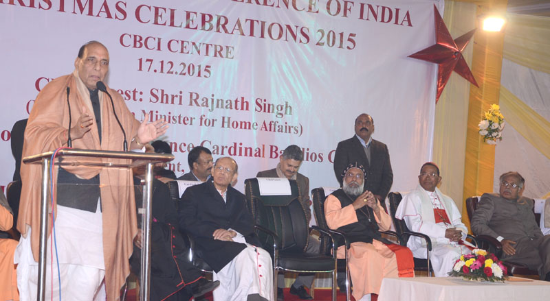 The Union Home Minister, Mr. Rajnath Singh addressing the gathering at the Christmas celebrations under the auspices of the Catholics Bishops’ Conference of India (CBCI), in New Delhi, on December 17, 2015. The Deputy Chairman of the Rajya Sabha Prof. P.J. Kurien and other dignitaries are also seen.