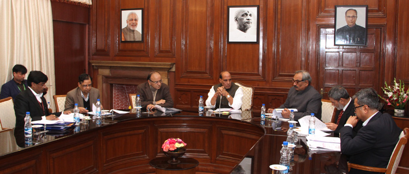 The Union Home Minister, Mr. Rajnath Singh chairing a meeting of the High Level Committee for Central Assistance to States affected by natural disasters, in New Delhi on December 21, 2015. The Union Minister for Finance, Corporate Affairs and Information & Broadcasting, Mr. Arun Jaitley, the Vice-Chairman, NITI Aayog, Mr. Arvind Panagariya, the Union Home Secretary, Mr. Rajiv Mehrishi, the Union Agriculture Secretary, Mr. Siraj Hussain and the senior officers of the Ministries of Home, Finance and Agriculture are also seen.
