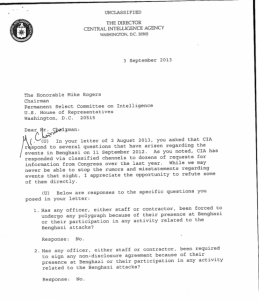 Copy of CIA response to Rep. Mike Rodgers Chairman of the House Select Intelligence Committee on 3 September 2013. 