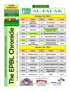 EPBL 2013 Second Conference Schedule of Games for October 18 and 25, 2013  