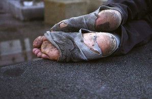 A homeless man's feet in Astin, Texas. 