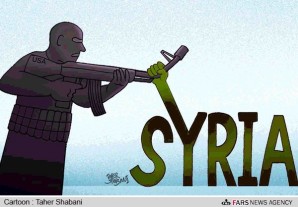 Syrian political cartoon decrying U.S. sponsorship of terrorism in Syria. (Credit: Fars News Agency, Iran -Taher Shabani). 