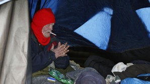 Extreme weather homelessness as Winter storm slams California. Pictured here a homeless man weathers through the best as he can.  Meanwhile four homless men freeze to death  in Santa Clara, California (see report: http://www.nbcbayarea.com/news/local/Homeless-Death-Tally-in-Bay-Area-Climbs-With-Cold-Snap-235112151.html). 