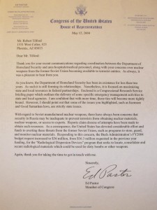 Letter from Congressman Ed Pastor regarding Missing nukes from Russia (dated 2004). 