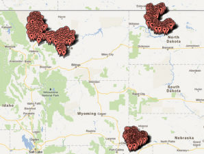 Cluster points of fixed ICBM's in the United States, spread across multiple states 1) North Dakota, 2) Wyoming/Colorado/Nebaska, 3) Montana. 