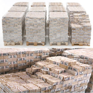 What one billion dollars actually looks like in crisp one hundred dollars bills stacks neatly on pallets. 