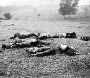 The bloated dead bodies of thousands of Union soldiers on the battlefield of Gettysburg. Union casualties were 23,055 (3,155 killed, 14,531 wounded, 5,369 captured or missing). 
