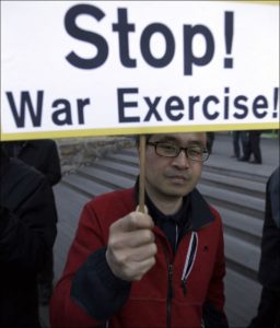 South Korean protester against provocative war exercises near the boarder with North Korea. 