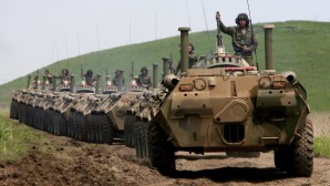 Russian military unit on patrol near the Russian border with Ukraine. 