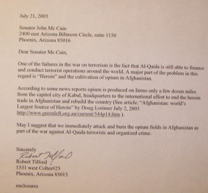 Letter to Senator McCain regarding opium production in Afghanistan in 2003. 