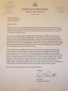 Letter from Congressman Ed Pastor of Arizona to Robert Tilford  regarding missing suitcase nukes from the former Soviet Union, dated May 12, 2004. 