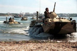 Elite Russian Marines conduct amphibious landing, during military exercises. 2014. Motto: Там, где мы, там — победа!  (There, Where We Are, There is Victory!)