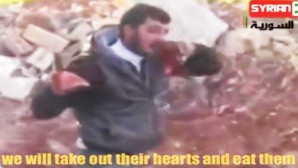 US backed Syrian rebel eating a human heart he cut out of a victim on the battlefield. 