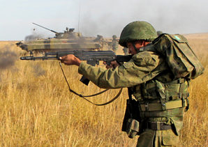 Motorized Rifle Troops most numerous in the armed forces of Russia. Pictured here: Russian soldier advances on a target during military maneuvers in 2013.  