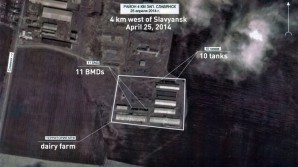 A grouping of 21 APCs are visible at the time of observation (center). It shows the northern outskirts of Slavyansk where an animal feed stuff factory is located (lower center). Source: Russian Ministry of Defense satellite photo. 