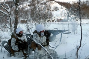 Marines with 2nd Battalion, 25th Regiment open fire upon a mock enemy force during a raid in Acrtic warfare exercise. 