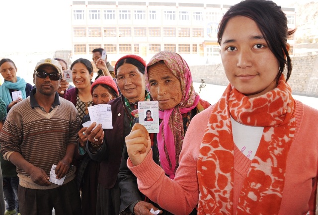 Female  Voters await their turn in Leh on Wednesday