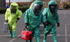 Chemical biological attack first responders arrive on scene.   