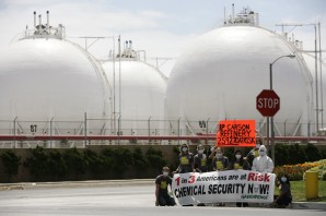 Protesters gather outside BP Carson Refinery Plant in Los Angeles. A terrorist attack here resulting in an explosion could expose hundreds of thousands of people to deadly toxic chemicals fumes. 