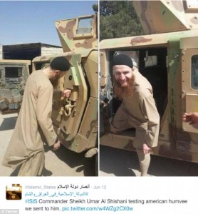 ISIL commander gloats over captured US Humvee (or "High Mobility Multipurpose Wheeled Vehicle"). Cost to US taxpayers for one US Humvee over $147,000 dollars not including cost to ship to Iraq (add another $ quarter million dollars for that one). 