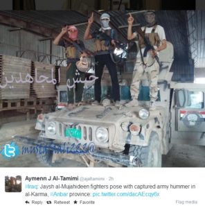 ISIS fighter twitter picture of captured US Army Humvee taken "liberated" in their words from Iraqi Security forces. 