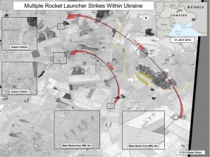 Document released by the U.S. State Department in Washington, July 27, 2014 shows a satellite image that purports to shows ground scarring at two multiple rocket launch sites oriented in the direction of Ukraine military units. The wide area of impacts near the Ukrainian military units indicates fire from multiple rocket launchers. The bottom impact crater shows impact within a local village. The United States says the images back up its claims that rockets have been fired from Russia into eastern Ukraine and heavy artillery for separatists has also crossed the border. (U.S. State Department.
