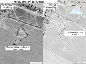 Document released by the U.S. State Department in Washington, July 27, 2014, shows a satellite image that purports to shows a before and after close-up of the artillery strike depicted in the lower portion of the inset in the previous graphic. The United States says the images back up its claims that rockets have been fired from Russia into eastern Ukraine and heavy artillery for separatists has also crossed the border. (U.S. State Department).