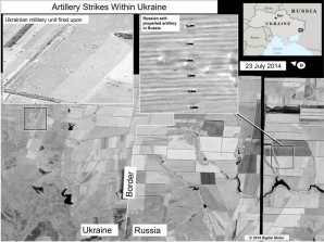 Document released by the U.S. State Department in Washington, July 27, 2014 shows a satellite image that purports to shows self propelled artillery only found in Russian military units, on the Russian side of the border, oriented in the direction of a Ukrainian military unit within Ukraine. The United States says the images back up its claims that rockets have been fired from Russia into eastern Ukraine and heavy artillery for separatists has also crossed the border. (U.S. State Department).