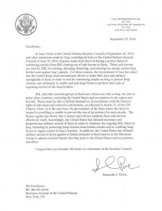 Letter from White House to UN justifying action against  ISIS in Iraq and Syria under Article 51: 