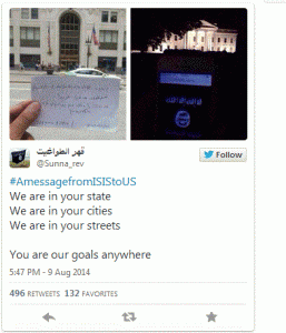 Pictured above is one of hundreds of ominous tweets from ISIS sympathizers and terrorists already in country posting pictured of themselves next to US targets. This one in Chicago by the way. The tweet reads: #AmessagefromISIStoUS We are in your state We are in your cities We are in your streets You are our goals anywhere.