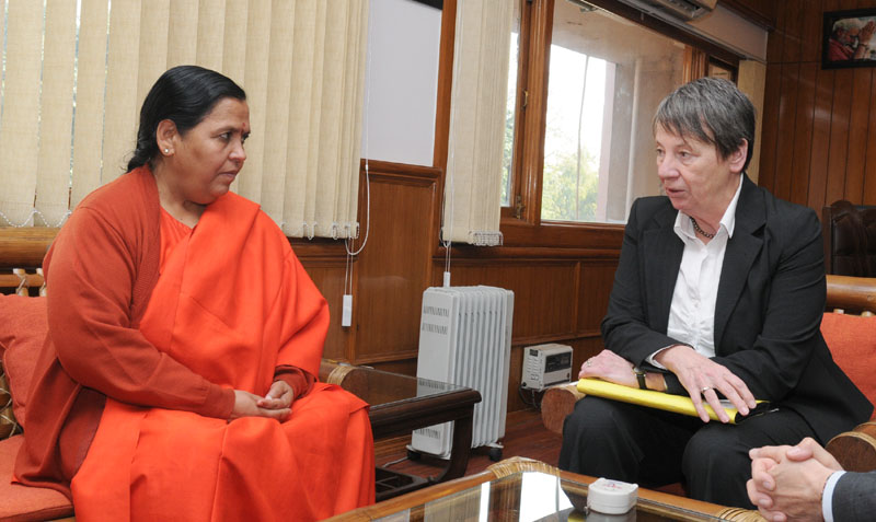 The Environment Minister, Germany, Ms. Barbara Hendricks calling on the Union Minister for Water Resources, River Development and Ganga Rejuvenation, Ms. Uma Bharti, in New Delhi on January 28, 2015.