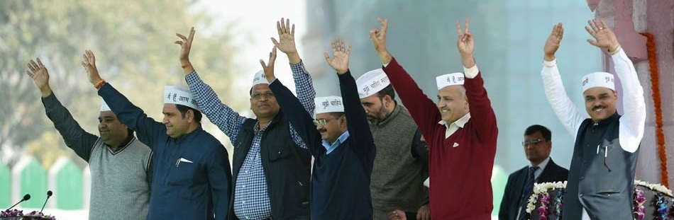 Delhi Chief Minister Mr. Arvind Kejriwal with six Cabinet Ministers in Ramlila Maidan, in Delhi on 14-02-2015. 