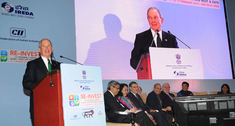 The UN Secretary General’s Special Envoy for cities & Climate Change, Mr. Michael R. Bloomberg addressing the Plenary Session: India- The new investment Destination for renewable Energy, in New Delhi on February 16, 2015. The Minister of State (Independent Charge) for Power, Coal and New and Renewable Energy, Mr. Piyush Goyal is also seen.