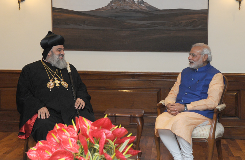 The Supreme Head of the Universal Syrian Orthodox Church H.H Moran Mor Ignatius Aphrem II calls on the Prime Minister, Mr. Narendra Modi, in New Delhi on February 17, 2015. 