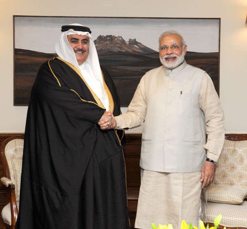 The Prime Minister, Mr. Narendra Modi meeting the Foreign Minister of Bahrain, Shaikh Khalid Bin Mohamed Al Khalifa, in New Delhi on February 23, 2015. 
