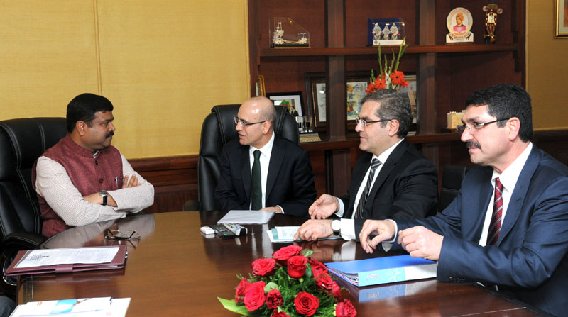 The Finance Minister of Republic of Turkey, Mr. Mehmet Simsek meeting the Minister of State for Petroleum and Natural Gas (Independent Charge), Mr. Dharmendra Pradhan, in New Delhi on February 24, 2015 