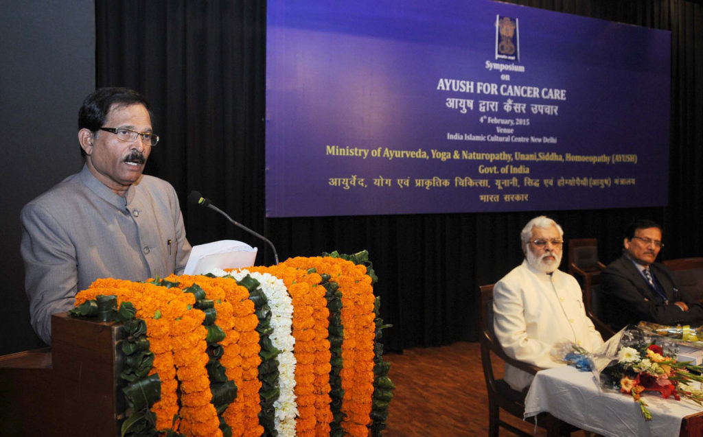 The Minister of State for AAYUSH (Independent Charge) and Health & Family Welfare, Mr. Shripad Yesso Naik delivering the inaugural address at the Symposium on Ayush  for Cancer Care, in New Delhi on February 04, 2015.