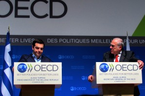 Greek Prime Minister Alex Tsipras and OECD Chair Angel Gurria, Thursday, March 12. Photo: Bing