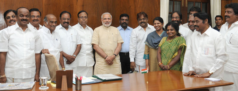 Mr. Vijayakanth with DMDK delegation calling on the Prime Minister, Mr. Narendra Modi, in New Delhi on April 27, 2015.