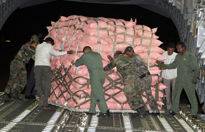 Relief material carried to Nepal being loaded on an Indian Air Force (IAF) aircraft, at Air Force Station Palam, New Delhi following a massive earthquake in Nepal.