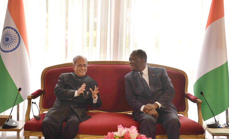 The President, Mr. Pranab Mukherjee meeting the President of the Republic of Cote Ivoire, Mr. Alassane Ouattara, at the Presidential Palace, in Abidjan on June 14, 2016.