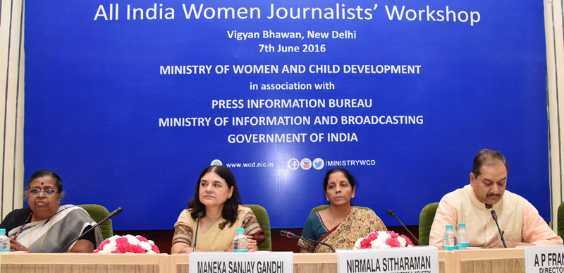 The Union Minister for Women and Child Development, Mrs. Maneka Sanjay Gandhi and the Minister of State for Commerce & Industry (Independent Charge), Mrs. Nirmala Sitharaman at the post-lunch session of the All India Women Journalists’ workshop, jointly organised by the Ministry of Women and Child Development and Press Information Bureau, in New Delhi on June 07, 2016. The Secretary, Ministry of Women and Child Development, Ms. Leena Nair and the Director General (M&C), Press Information Bureau,Mr. A.P. Frank Noronha are also seen.