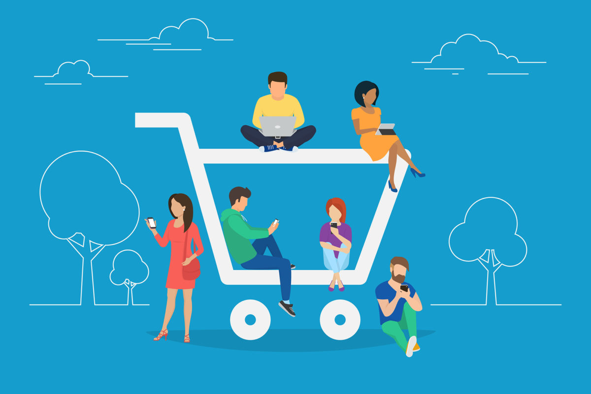 shopping cart graphic with shoppers on moblile devices