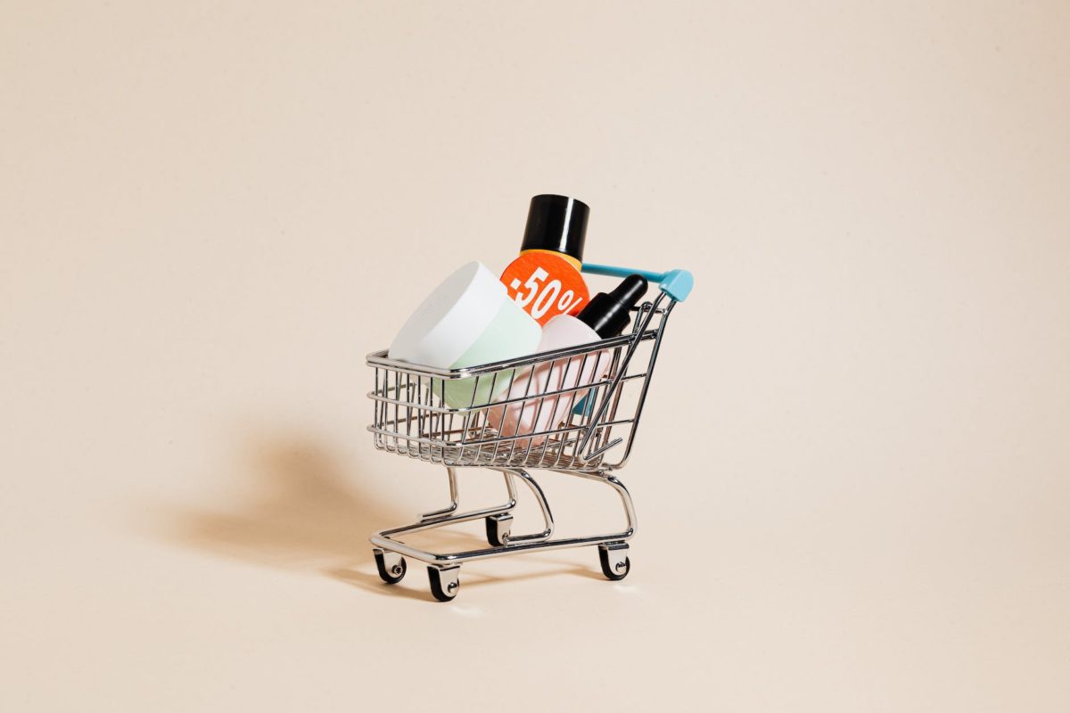 cosmetic bottles in a shopping cart